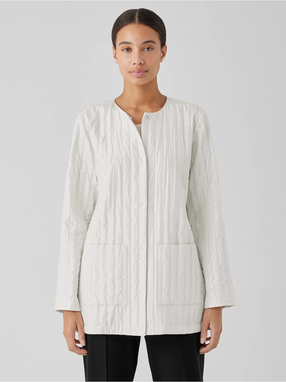 NWT Eileen Fisher Habutai Quilted Round Neck Jacket Size Large in Bone